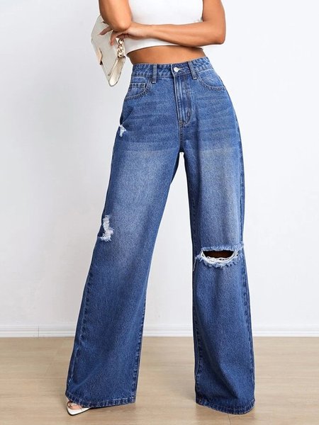 

Women Urban Casual Wide Leg Denim Distressed Ripped Jeans Fashion Clothing, Deep blue, Jeans