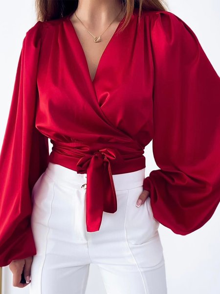 

Cross Neck Regular Fit Plain Urban Long Sleeve Blouse, Red, Blouses and Shirts