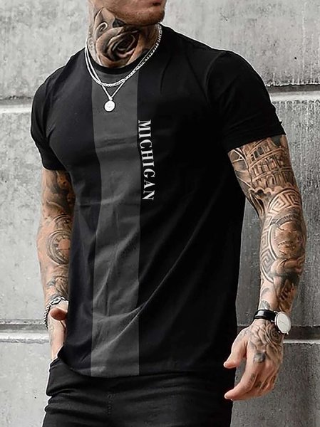 

Men's Casual Striped Lettering Round Neck Short Sleeve T-Shirt Everyday Vacation Clothing, Black, T-Shirts