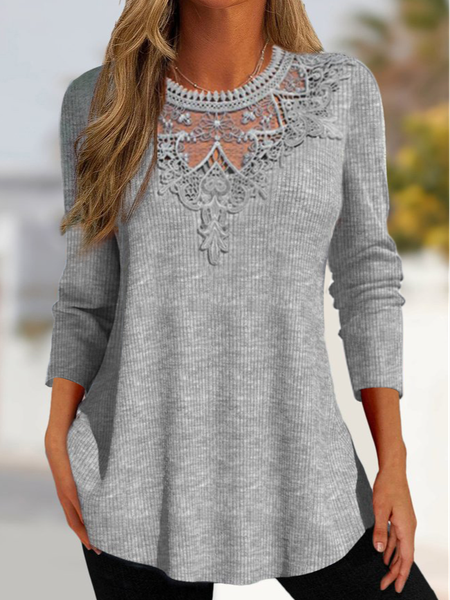 

Casual Lace Crew Neck Plain Shirt, Gray, Shirts & Blouses