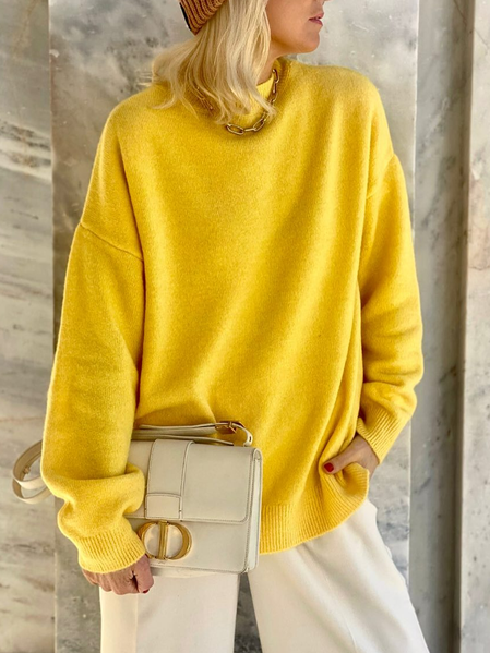 

Crew Neck Regular Fit Plain Casual Sweater, Yellow, Sweaters