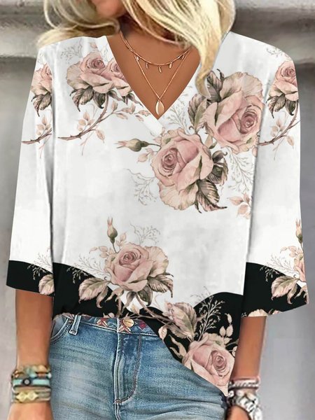 

Regular Sleeve V Neck Loose Gradient Pattern T-Shirt, Color24, T-Shirts