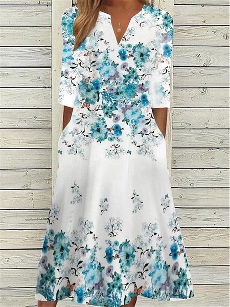

Floral V Neck Casual Loose Dress, Blue, Dresses