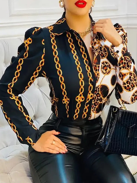 

Regular Fit Urban Shirt Collar Long Sleeve Geometric Blouse, As picture, Blouses and Shirts