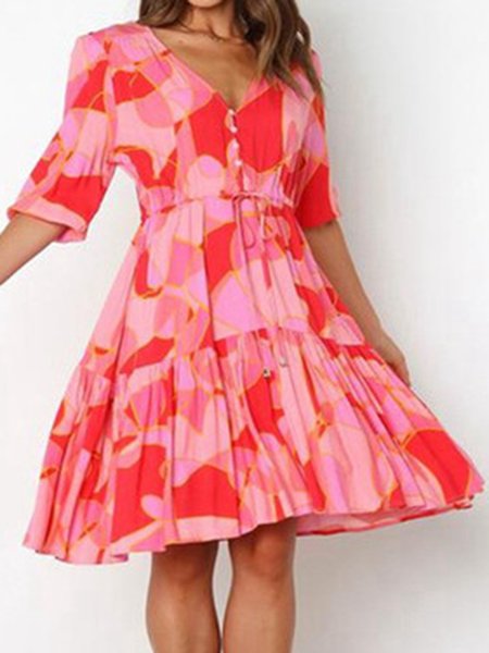 

V Neck Urban Dress With No, Red, Dresses