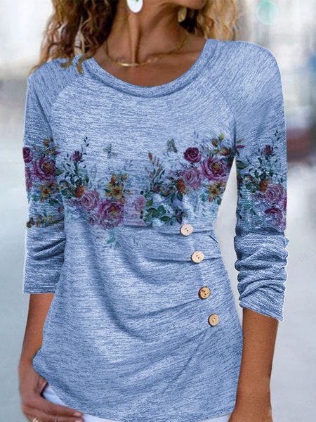 

Casual Floral Crew Neck T-Shirt, Blue, T-Shirts