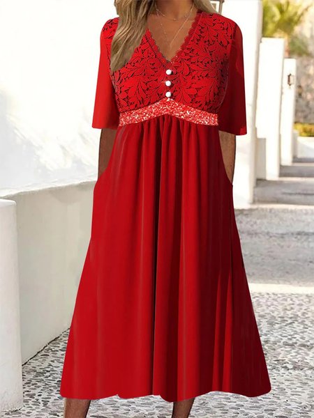 

Lace Elegant V Neck Dress, Red, Dresses