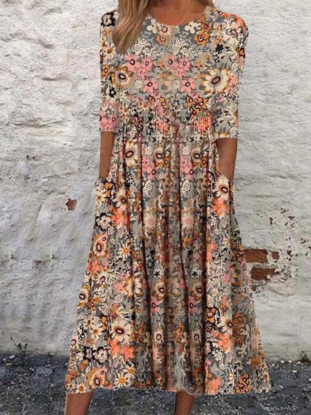 

Crew Neck Floral Loose Casual Dress With No, Flower, Dresses