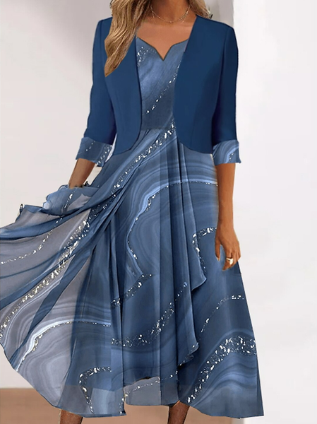 

Casual Gradient Regular Fit V Neck Two-Piece Set, Blue, Suit Set