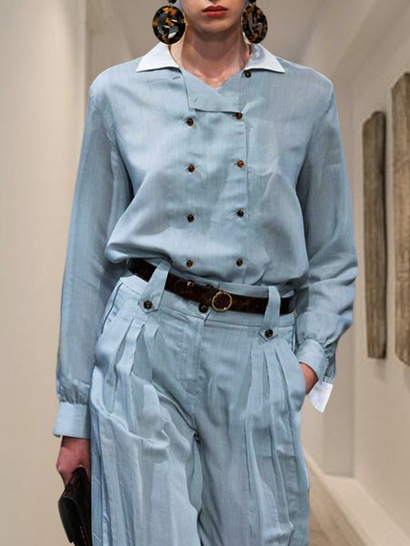 

Long Sleeve Regular Fit Urban Shawl Collar Plain Blouse, Blue, Blouses and Shirts