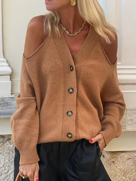 

V Neck Casual Regular Fit Wool/Knitting Cardigan, Khaki, Sweaters