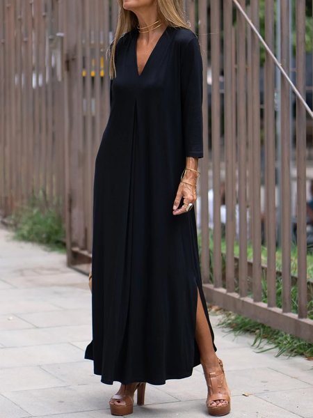 

V Neck Plain Casual Dress, Black, Dresses