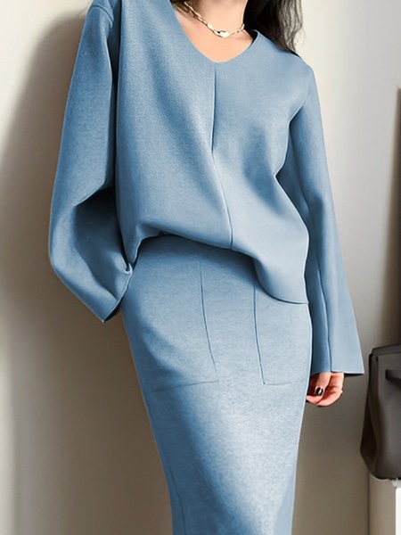

Plain V Neck Elegant Loose Shirt, Blue, Blouses and Shirts