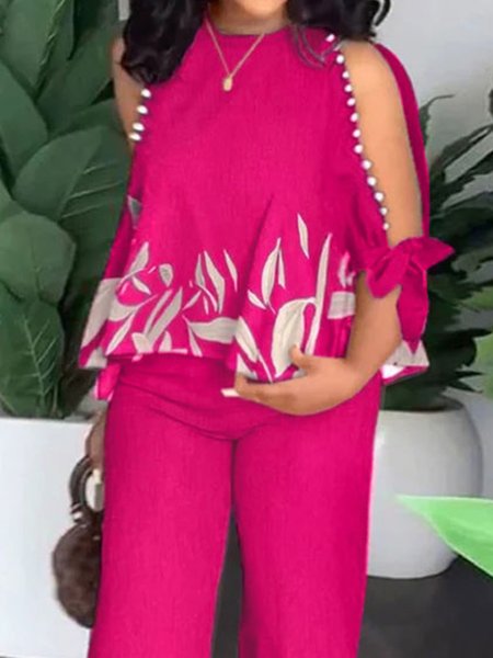 

Vacation Cold Shoulder Floral Print Loose Shirt, Rose red, Blouses and Shirts