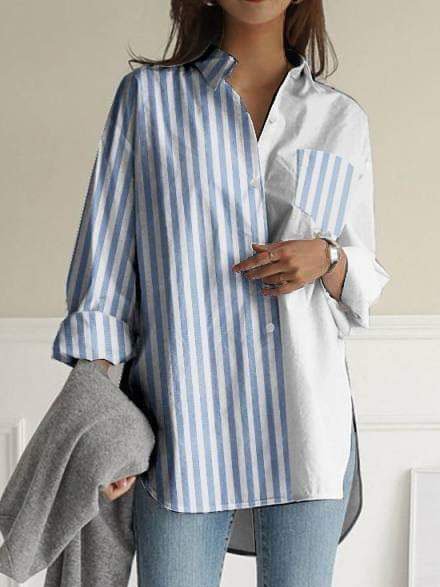 

Color Block Striped Casual Shirt Collar Blouse, Blue, Shirts & Blouses
