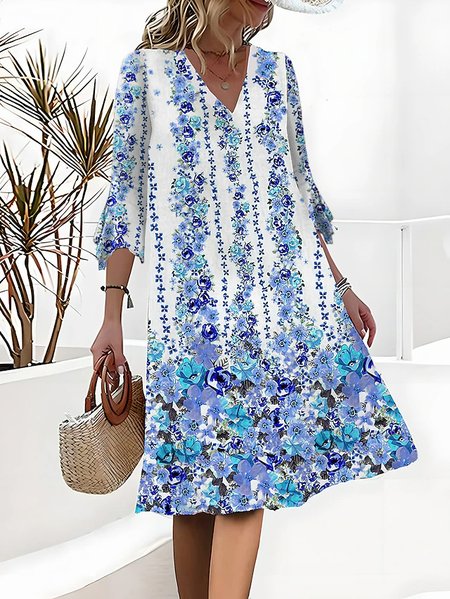 

Floral V Neck Loose Casual Dress, Blue, Dresses