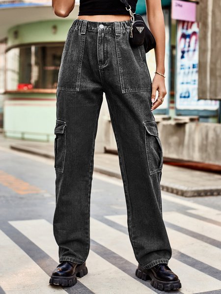 

Women's Casual Fashion Multi-Pocket Washed Distressed Jeans Cargo Pants, Black, Jeans