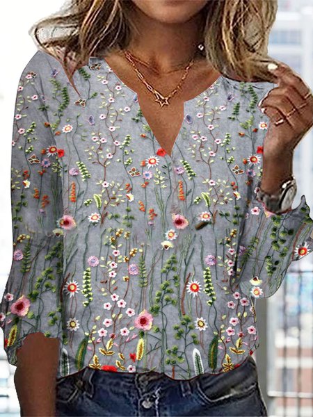 Loose Notched Casual T-Shirt, Gray, Long sleeves
