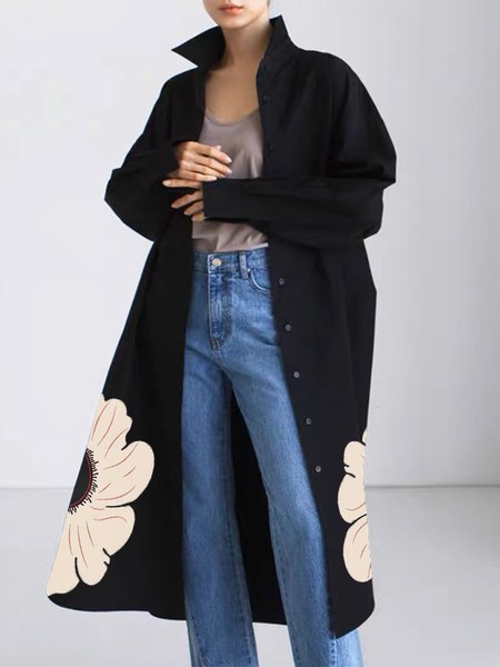 

Floral Urban Shirt Collar Loose Long Sleeve Blouse, Black, Blouses and Shirts