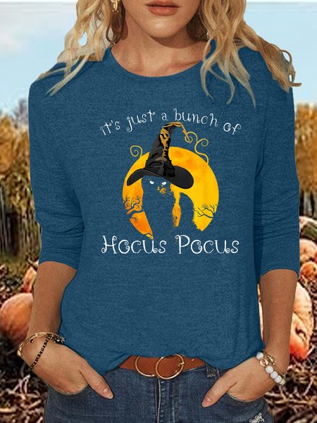 

Women's Black Cat Moon Halloween Funny Halloween Bunch Of Hocus Pocus Casual Shirt, Blue, Long sleeves