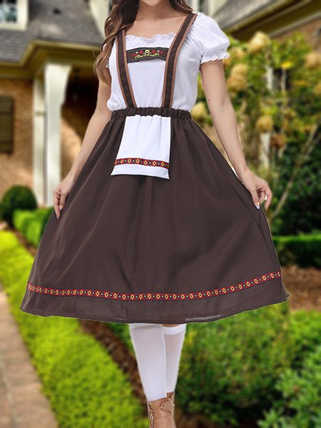 Vacation Plain Square Neck Regular Fit Dress With No, Brown, Dresses