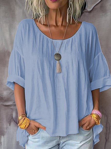 

Casual Crew Neck Cotton And Linen Shirt, Light blue, Shirts & Blouses