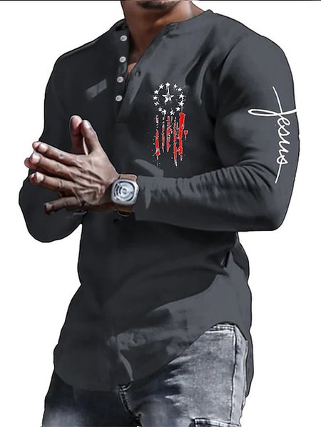 

Casual Flag Independence Day Pattern V-Neck Long Sleeve T-Shirt Daily Men's Clothing, Black, T-Shirts