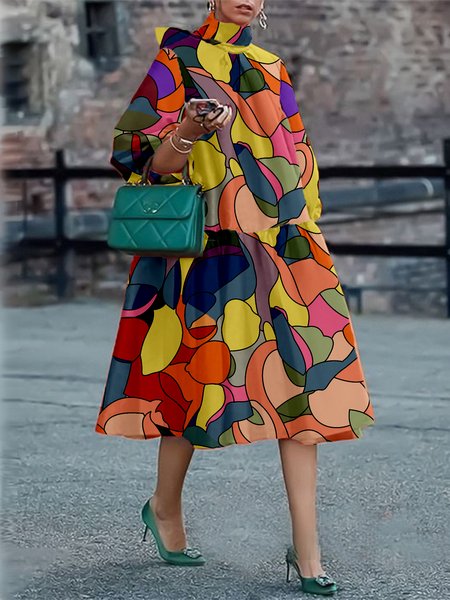 

Stand Collar Abstract Elegant Midi Dress With No Belt, As picture, Midi Dresses