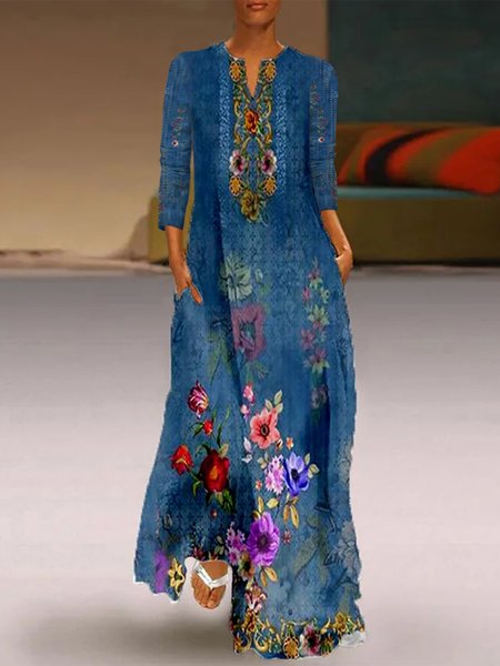 

V Neck Ethnic Elegant Loose Dress, Blue, Dresses