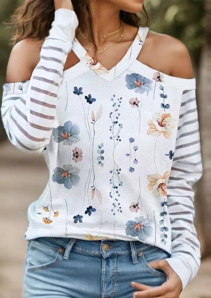 

Casual Floral V Neck Loose T-Shirt, White, T-Shirts