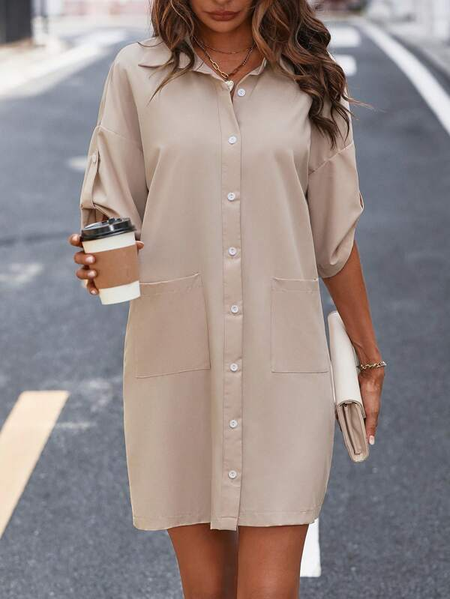 

Loose Buttoned Casual Plain Roll Up Sleeve Pocket Patched Shirt Dress, Khaki, Dresses