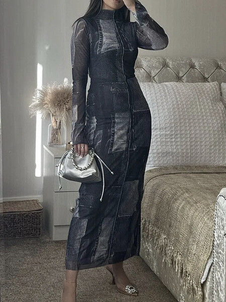 

High Elasticity Elegant Tight Stand Collar Long Sleeve Maxi Dress, Black, Maxi Dresses