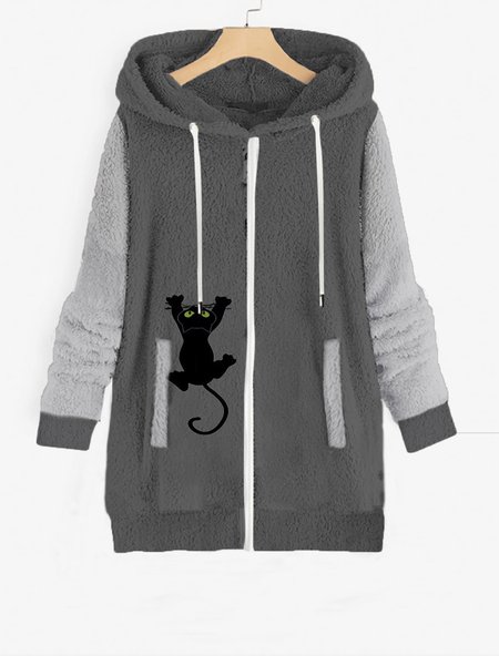 

Cat Regular Fit Casual Hoodie Teddy Jacket, Gray, Coats