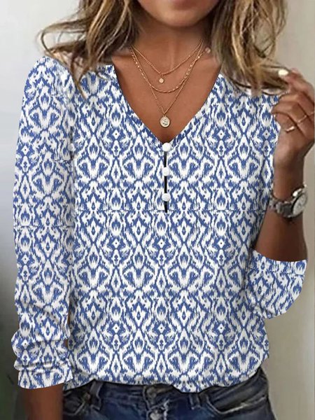 

Plus Size Loose Abstract Casual T-Shirt, Blue, Long Sleeves