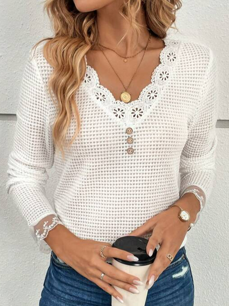 

Loose V Neck Casual Knitted Lace Edge Shirt, Off white, Shirts & Blouses
