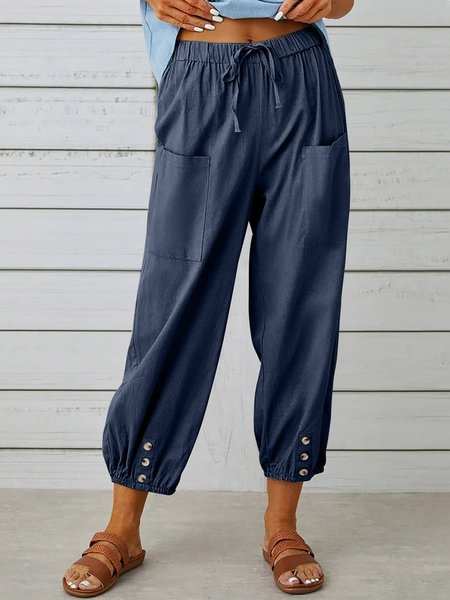 

Buckle Loose Plain Casual Pants, Dark blue, Pants