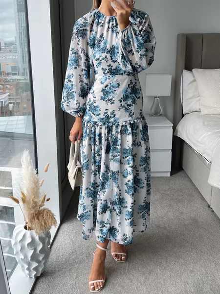 

Lightweight Regular Fit Elegant Crew Neck Long Sleeve Maxi Dress, Blue, Maxi Dresses