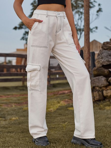 

Women's Urban Casual White Denim Straight Multi-Pocket Jeans Cargo Pants, Jeans