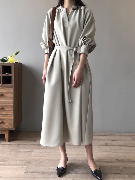 

Long Sleeve Plain Half Open Collar Elegant Dress, Light gray, Maxi Dresses
