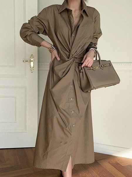 

Shirt Collar Urban Regular Fit Plain Midi Dress With No Belt, As picture, Midi Dresses