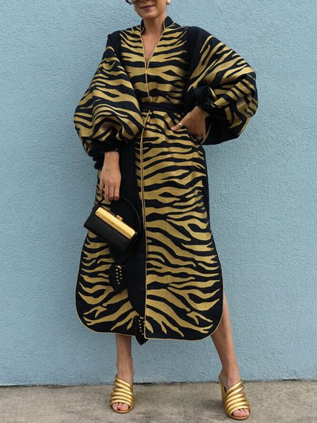 

Urban Abstract Long Sleeve Midi Dress With Belt, As picture, Midi Dresses