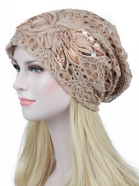

Floral Mesh Lace Elegant Warm Hat, Beige, Women Hats