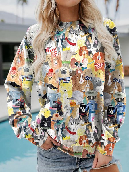 

Crew Neck Casual Loose Animal Sweatshirt, Yellow, Sweatshirts & Hoodies