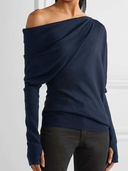 

High Elasticity Regular Fit Asymmetrical Long Sleeve Urban Shirt, Navyblue, Blouses and Shirts