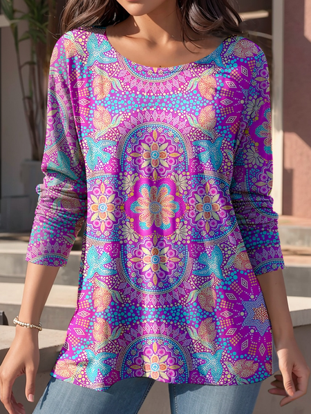 

Ethnic Casual Loose Crew Neck T-Shirt, Purple, T-Shirts