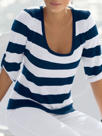 

Casual Navy Striped Square Neck T-Shirt, Blue, T-Shirts