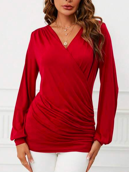 

V Neck Elegant Surplice Neck Ruched T-Shirt, Red, T-Shirts