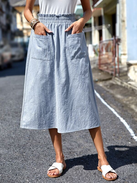 

Loose Linen Elegant Dual Pocket Paperbag Waist Skirt, Blue, Skirts