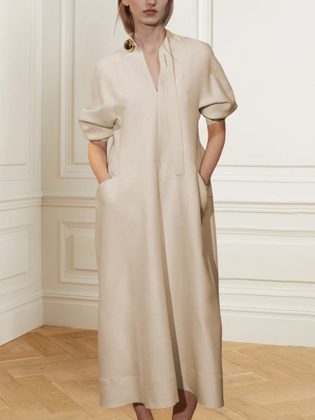 

Elegant Plain V Neck Loose Dress, Apricot, Midi Dresses
