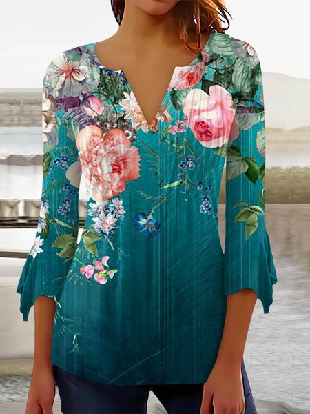 

Casual Floral Regular Fit V Neck Shirt, Darkgreen, Shirts & Blouses